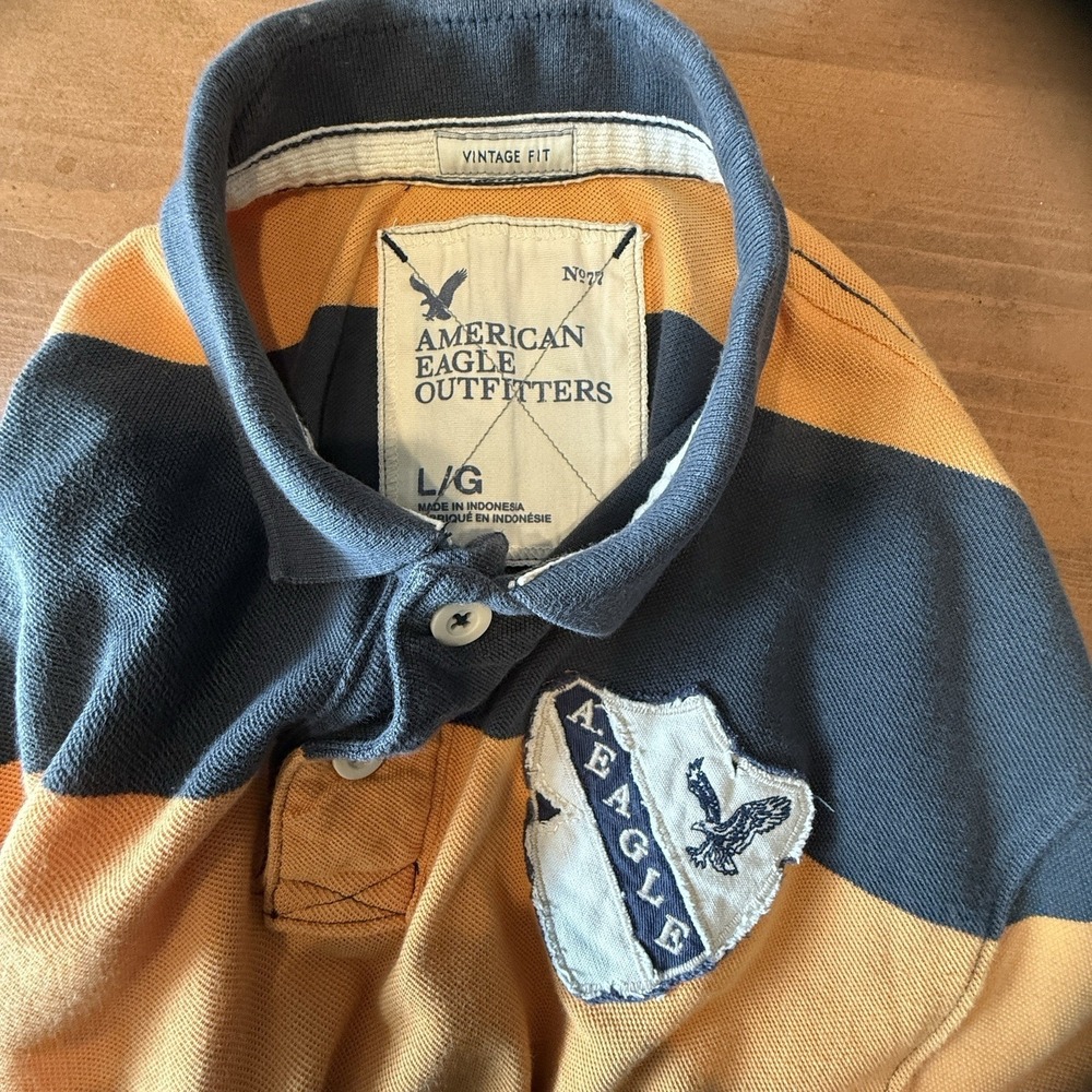 Y2K American Eagle Mens Rugby Striped Polo Shirt Size L Preppy Patch Academia - Picture 7 of 11